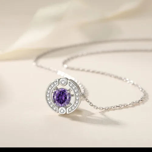 Vista 2 de Collar con halo de piedra natal para mujer, plata de ley, chapado en platino, piedras preciosas brillantes, corte redondo, colgante solitario