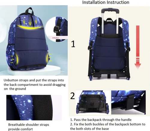Vista 6 de Mochila escolar con ruedas para niños y niñas, con 6 ruedas, Estilo E 6 Ruedas Rosa, Moderno