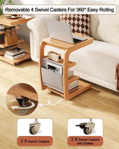 Vista 3 de AQIMUELE Mesa auxiliar de madera en forma de C, escritorio de sofá con 2 ruedas con cerradura, mesa de sofá de 4 niveles con bolsa de Natural