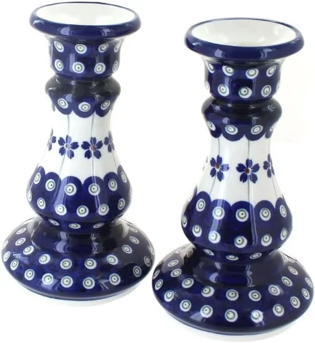 Vista 4 de Par de candelabros de cerámica polaca de rosa azul