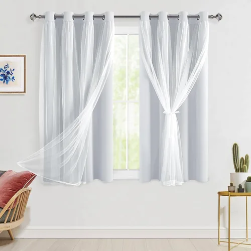 Vista 123 de Hiasan Cortinas opacas con superposición transparente, aislamiento térmico para mezclar y combinar de doble capa, cortinas de oscurecimiento de Beige