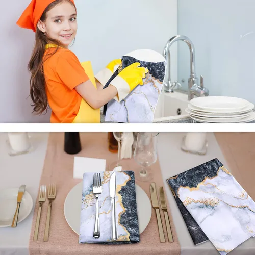 Vista 6 de Kinlop Juego de 4 toallas de cocina de mármol negro y dorado, toallas de mano con temática de mármol, accesorios de baño, paños de cocina, regalo