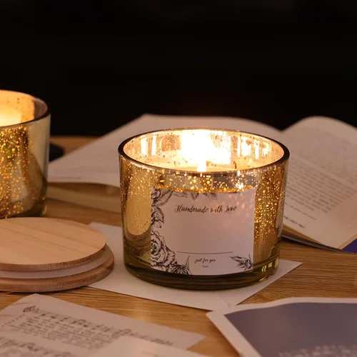 Vista 8 de Simeitol Tarros de vela dorados de 16 onzas para hacer velas, 6 unidades, tarro de vela de vidrio con tapas herméticas de bambú, tarros de velas