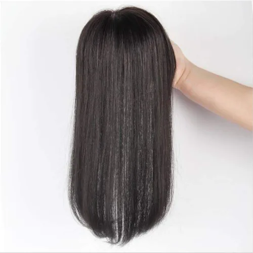 Vista 2 de Clip en cabello humano real con flequillo, hecho a mano, corona para cabello fino, 6 pulgadas, marrón oscuro