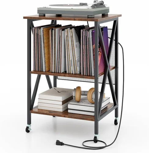 Vista 10 de Giantex Soporte para tocadiscos con estación de carga, soporte para tocadiscos con almacenamiento de discos y 4 ruedas rodantes, mesa