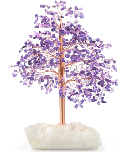 Vista 9 de Árbol de la vida con piedras preciosas de amatista natural, base de cuarzo transparente, bonsái de dinero de chakras, Feng Shui, cristales curativos