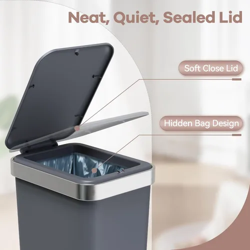 Vista 6 de Cubo de basura pequeño para baño con tapa de cierre suave, cubo de basura delgado de 10 litros/2.6 galones, escalón de metal y tapa superior