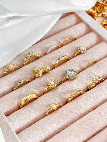Vista 2 de Juego de anillos apilables con lazo de estilo bohemio, 15 piezas, joyería de moda para mujer, regalo para fiestas de vacaciones, uso diario