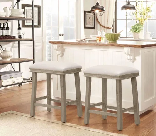 Vista 10 de Taburete de bar gris de madera maciza para encimera de cocina, taburete de bar con asiento de cuero sintético, taburete tapizado para isla de 34 a