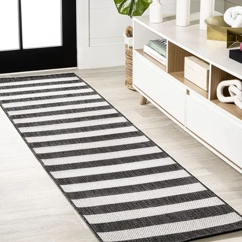 Vista 14 de Eyely BMS203E-28 Santa Monica Negril - Alfombra de pasillo de dos tonos de rayas anchas para interiores y exteriores, moderna, costera; rústica