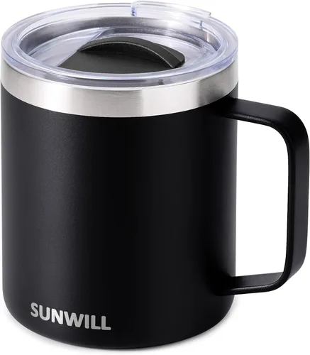 Vista 23 de SUNWILL - Taza de café de viaje con tapa, taza aislada con asa, taza de acero inoxidable de 14 oz para hielo, agua, té, color oro rosa