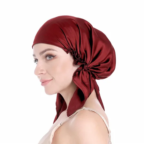 Vista 13 de SissiLita Gorro de seda 100% para dormir, gorro de seda grande con banda de amarre para el cuidado del cabello rizado (azul)