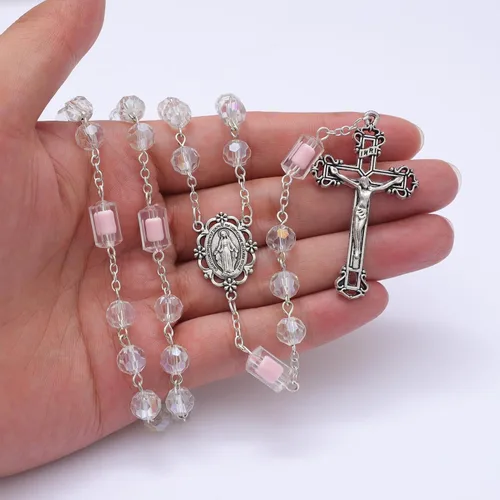 Vista 66 de KOMI Rosario de cuentas católicas para mujer, collar de cuentas de rosario con cruz de crucifijo, perlas de cristal, rosario, rosarios, católicos