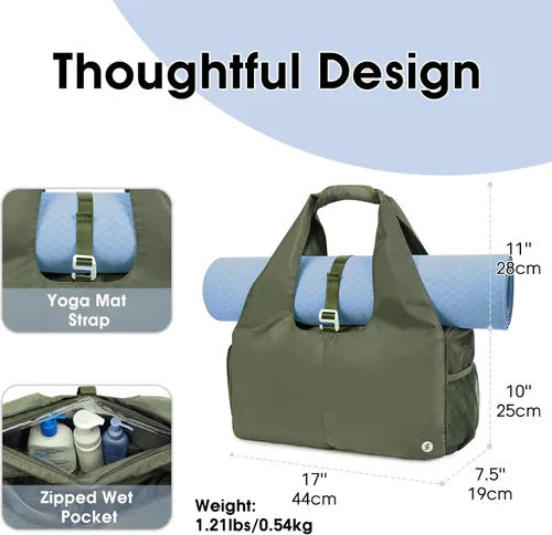 Vista 2 de Bolsa de gimnasio para mujer con compartimento para zapatos y bolsillo húmedo con soporte ajustable para esterilla de yoga, Verde militar, Moda