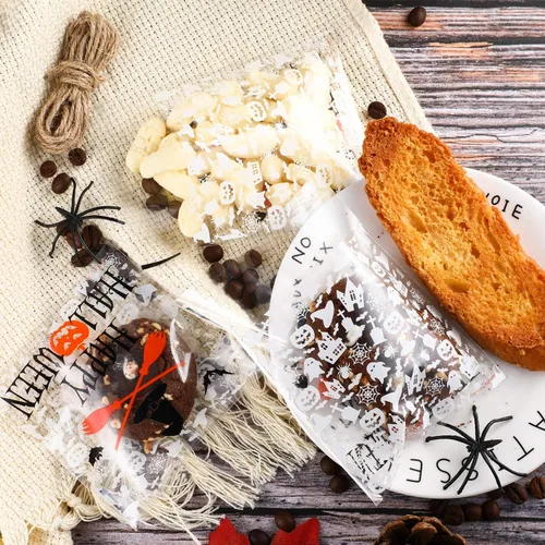 Vista 7 de 100 bolsas de golosinas de Halloween, bolsas transparentes autoadhesivas para caramelos, bolsas de plástico de celofán para galletas para recuerdos