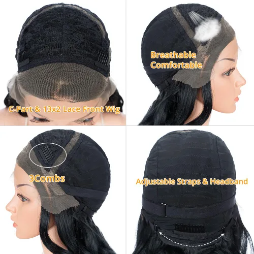 Vista 7 de Style Icon - Peluca de encaje frontal negra con parte libre, estilo U, de 24" de largo, ondulada con flequillo, sintética, resistente a altas 1