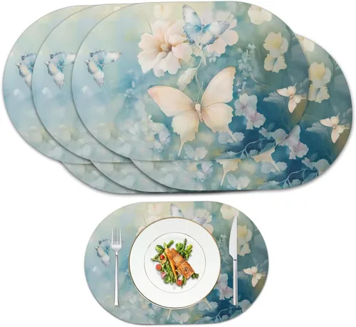 Vista 42 de Blue Flower Dining Table Mats Set of 2 Hummingbird Heat Resistant Placemats Washable and Wipeable Non Slip Place Mat, Waterproof Modern Dining Table