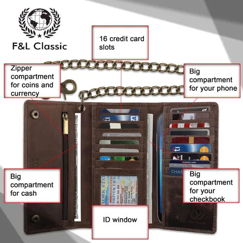 Vista 3 de F&L CLASSIC RFID bloqueo para hombre triple estilo largo cuero de vaca cadena de acero billetera, Marrón antiguo, Classic