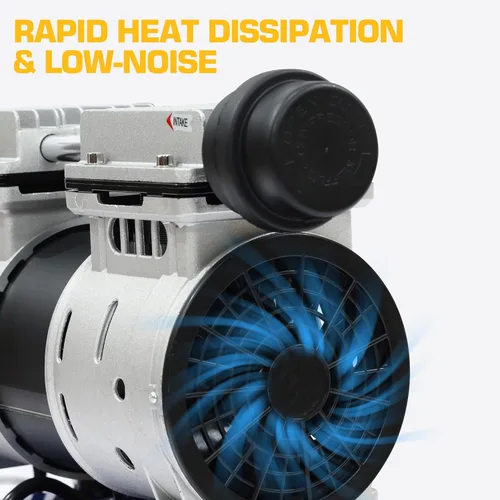 Vista 4 de Compresor de Aire Ultra Silencioso, 65dB, Sin Aceite, Acopladores Rápidos, 115PSI, Eléctrico Portátil para Neumáticos de Coche y Bicicleta, Pistola