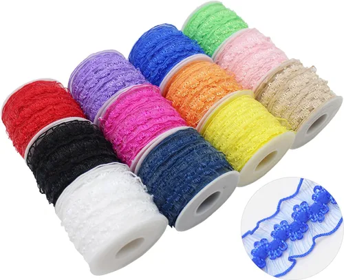 Vista 16 de Cinta de encaje elástica negra con volantes de 20 yardas para coser de 1 pulgada de organza de doble onda, ajuste de encaje, ropa y ropa