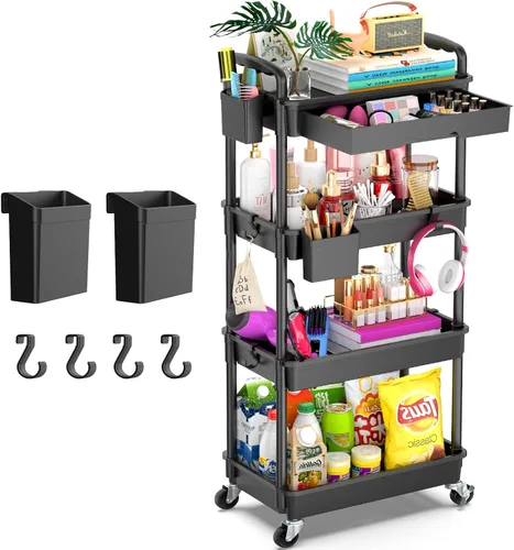 Vista 13 de Goovilla Organizador de carrito utilitario de 3 niveles con cajón extraíble, carritos de almacenamiento rodantes negros estables y resistentes con 2