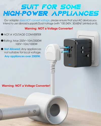 Vista 5 de Adaptador universal de viaje, 30 W 6.0 A, 5 puertos USB C/A y salida de CA de 2500 W International Power Adapter for Europe UK US AU 200+ 3 USB