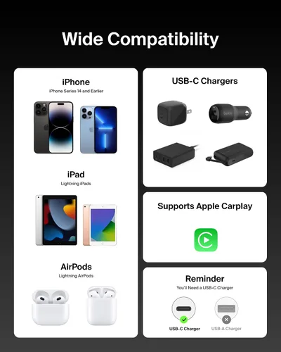 Vista 5 de Belkin Cable USB C con conector Lightning, 6.6 pies, cable de carga rápida suave, flexible, cable de carga Lightning para iPhone 14 y series Negro