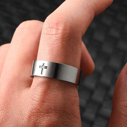 Vista 5 de Jude Jewelers Anillo de boda religioso de acero inoxidable de 0.315in con cruz cristiana simple, Metal, Zirconia cúbica