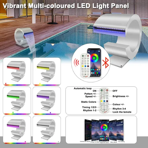 Vista 8 de LONGRUN Fuente de piscina de acero inoxidable en forma de J, con control de RF y aplicación, kit de cascadas para estanques al aire libre