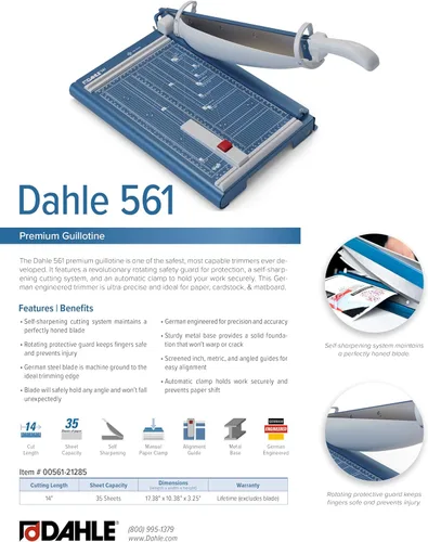 Vista 6 de Dahle Cortadora de guillotina 561 premium, longitud de corte de 14 pulgadas, capacidad de 35 hojas, hoja autoafilable, abrazadera automática