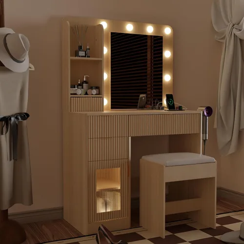 Vista 9 de Juego de tocador de maquillaje con espejo LED ajustable, 4 cajones, armarios de vidrio RGB, toma de corriente y taburete, tocador acanalado