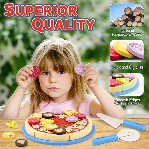 Vista 3 de Conjunto de Comida de Juguete de Pizza de Madera - 24 Piezas de Juguetes de Corte, Accesorios de Cocina de Juego de Simulación para Niños Pequeños