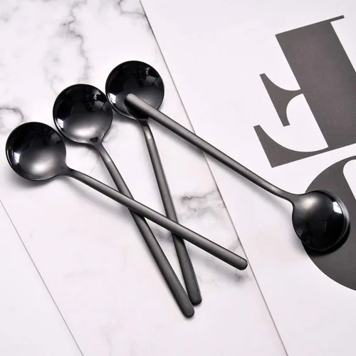 Vista 2 de Juego de 8 mini cucharas de café expreso de 5.3 pulgadas con mango esmerilado negro mate de acero inoxidable para postre té, helado, pastel