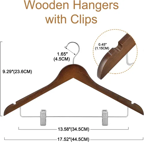 Vista 3 de TOPIA HANGER Perchas de madera para trajes con clips de metal ajustables (paquete de 10), perchas de ropa de madera maciza, gancho giratorio