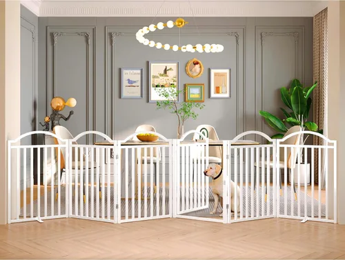 Vista 7 de BHG Puerta independiente de metal para perros sin ensamblaje con puerta a través, extra ancha de 80 pulgadas, puerta extra alta para mascotas de 30