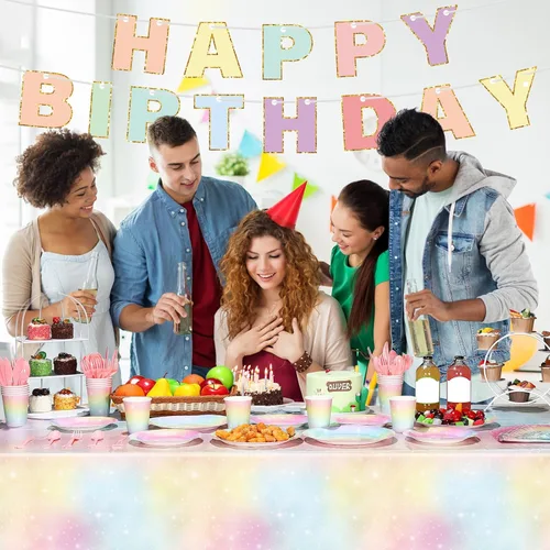 Vista 8 de Teling 172 piezas de decoraciones de cumpleaños de arcoíris, platos de arcoíris pastel, platos de cumpleaños y servilletas para 24, mantel de papel