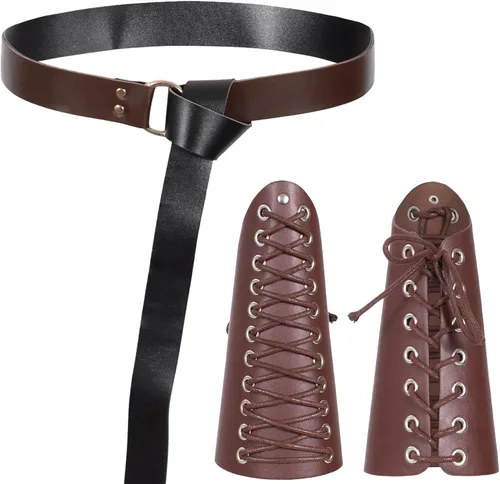 Vista 12 de Cinturón de cuero de caballero medieval para hombre, chal renacentista, capa de medio hombro, bufanda, brazaletes con hebilla, accesorios retro