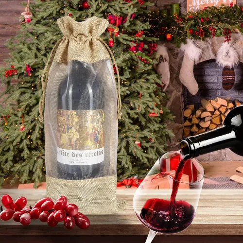 Vista 5 de HRX Package 10 piezas de bolsas de vino de arpillera con ventana transparente, bolsas de regalo de botella de tela de arpillera con cordón