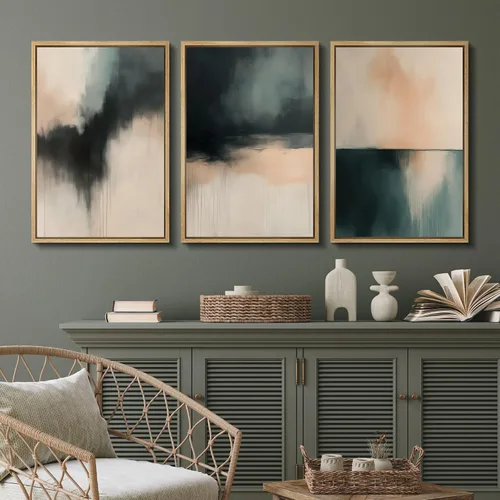 Vista 165 de SIGNFORD - Set de obras de arte en lienzo enmarcado para pared, ilustraciones abstractas de neblina del desierto en tonos neutros beige y marrón