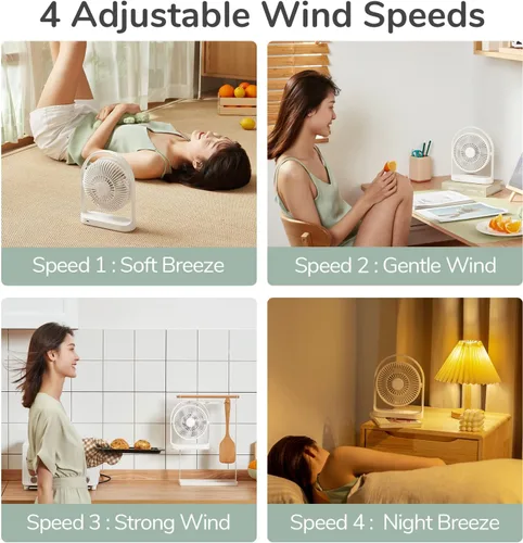 Vista 4 de JISULIFE Ventilador de escritorio, pequeño escritorio portátil con pilas y ventilador de mesa eléctrico recargable por USB de 4000 mAh con 4 Blanco