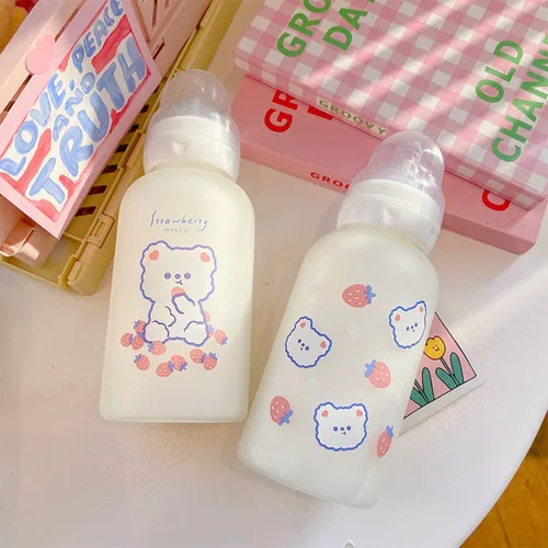 Vista 6 de JHTPSLR Botella de agua de vidrio con pezón con pezón de 11 onzas, botella de agua Kawaii para adultos, deportes, oficina, bonita botella