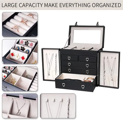 Vista 4 de FEIYAN Caja organizadora de joyas para mujer caja de joyería de piel sintética de 5 capas con todos los cajones cerrados organizador de joyas grande