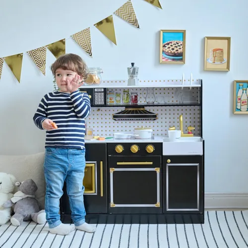 Vista 6 de Teamson Kids Juego de cocina de madera para niños pequeños con accesorios, juego de cocina simulada para niños de 3 años en adelante, juego de Negro