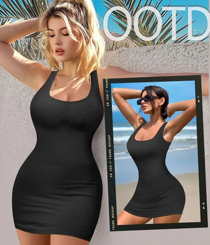 Vista 2 de Vestidos ajustados negros para mujer, acanalados, sin mangas, cuello cuadrado, camisetas sin mangas, mini vestido básico para club