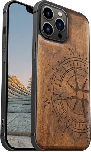 Vista 23 de Carveit Funda magnética de madera para iPhone 13 [madera real dura y TPU suave] Funda protectora híbrida de madera única y elegante a prueba