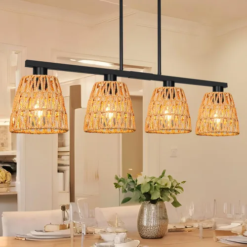 Vista 18 de Iluminación de isla de cocina de 4 luces, lámpara cromada para comedor, luz de isla para colgar sobre la mesa para candelabros lineales de granja