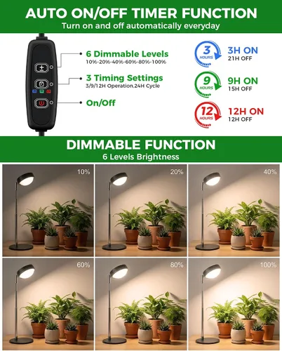 Vista 4 de Luz de cultivo de plantas, luces LED de espectro completo con base de metal, lámparas de cultivo de plantas de escritorio con temporizador