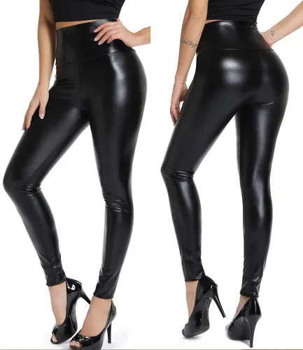 Vista 3 de KIWI RATA - Leggings de piel sintética de poliuretano, cintura alta, para mujer, con levantamiento de glúteos, color negro, sexy, para deportes