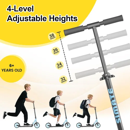 Vista 2 de SIMATE Patinete de impulso para niños, adolescentes y adultos, 4 alturas ajustables, ruedas grandes todo terreno de 8 pulgadas, plegable y ligero