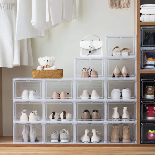 Vista 5 de evron Cajas organizadoras de zapatos resistentes, cajas organizadoras de armario, cajas de zapatos de fácil montaje a presión, contenedores